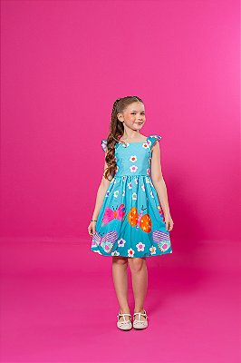 Vestido Infantil Rodado Azul Estampa Borboletas e Flores