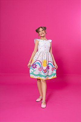 Vestido Infantil Rodado Branco Estampa Flores no Jardim