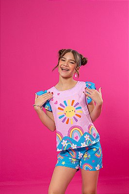 Conjunto Infantil Blusa Rosa e Shorts Azul - Estampa Arco-Íris e Sol