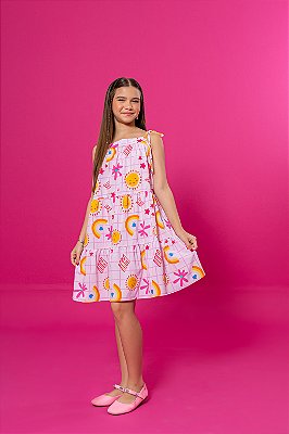 Vestido Infantil Rodado Rosa Estampado Flores e Arco-Íris