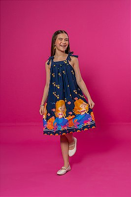 Vestido Infantil Rodado Sereia Azul