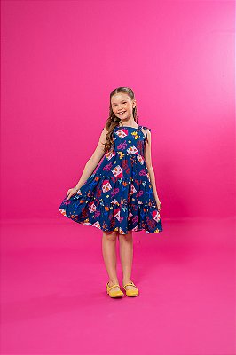 Vestido Infantil Rodado Rosa Claro Estampa Casinha, Borboletas e Flores Azul Marinho