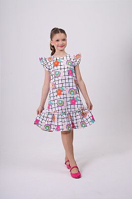 Vestido Casual Infantil com Quadriculado e Desenhos Coloridos