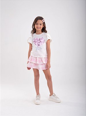 Conjunto Infantil Lollix Camiseta Coração Floral e Saia Xadrez com Babados