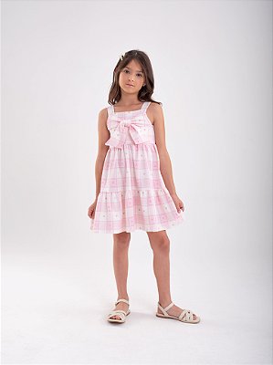 Vestido Infantil Xadrez Rosa com Laço