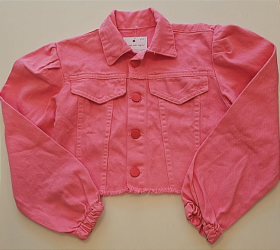 Jaqueta Jeans Cropped Infantil Rosa com Manga Bufante