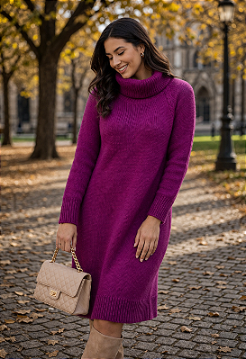 VESTIDO GOLA ALTA DETALHE TRANÇA EM TRICOT