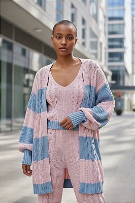 CARDIGÃ E REGATA LISTRADO EM TRICOT