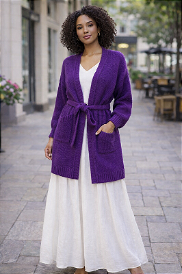 CASACO MANGA BALÃO COM CINTO EM TRICOT