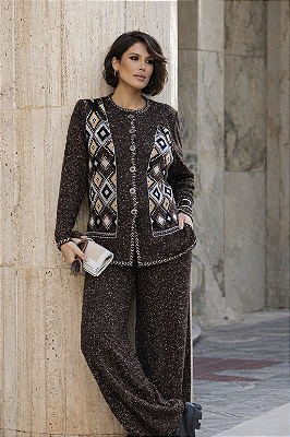 CONJUNTO CALÇA E CASACO EM TRICOT MESCLA