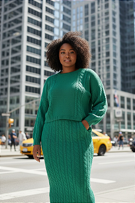 CONJUNTO SAIA MIDI E BLUSA EM TRICOT