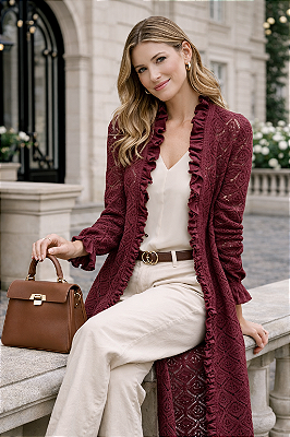 CASACO LONGO RENDADO BABADO EM TRICOT