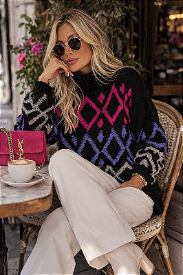 BLUSA COLORIDA GOLA ALTA EM TRICOT