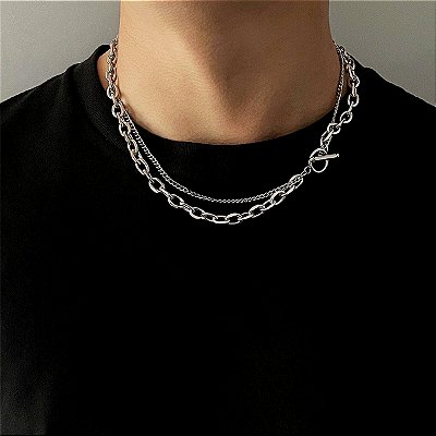 Colar Duplo Masculino Corrente de Elos Grossos Aço Inox Benedict