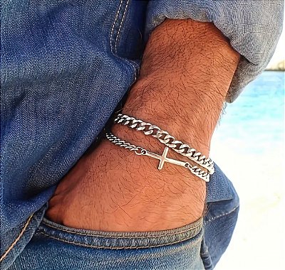 Pulseira Corrente Dupla Aço Inox Pingente Cruz Prata