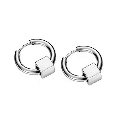 Par Brinco Argola Berloque Cubo Aço Inox