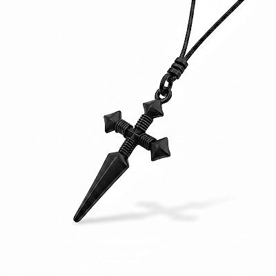 Colar Masculino Cordão Encerado Cruz Malta Preta Ordem de Santiago Adaga