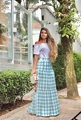Saia Longa Três Marias em Malha Crepe Estampa Vichy