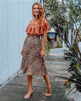 Saia Midi Plissada Estampa Animal Print - em Crepe
