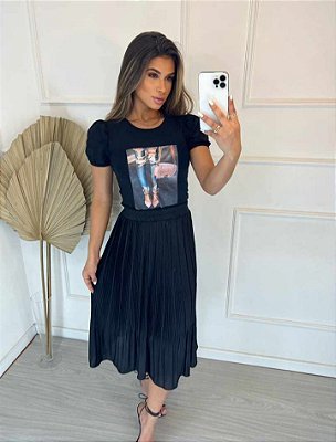 Saia Midi Babados Plissado Pequeno Lisa