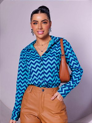 Camisa Social Manga Reta Estampa Chevron - em Tricoline