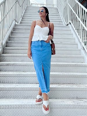Saia Maxi Midi com Fenda Frontal - Jeans