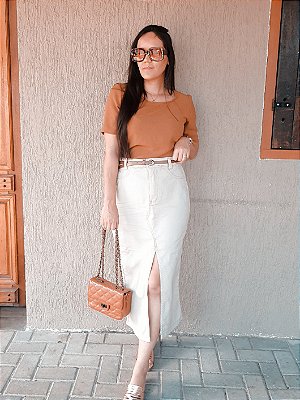 Saia Maxi Midi Jeans com Fenda Frontal