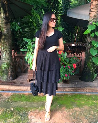 Saia Midi Três Camadas - em Malha Lese