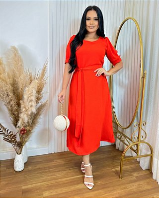 Vestido Midi com Faixa Amarração - em Crepe Duna