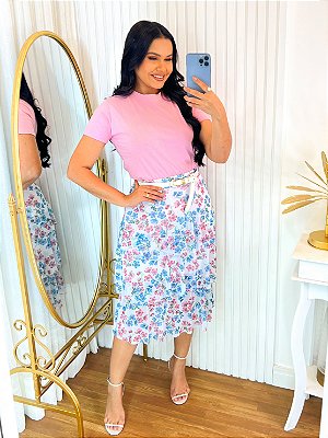 Saia Midi Floral Três Camadas - em Tule de Malha