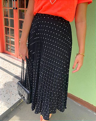 Saia Maxi Midi Plissada Poá - em Crepe