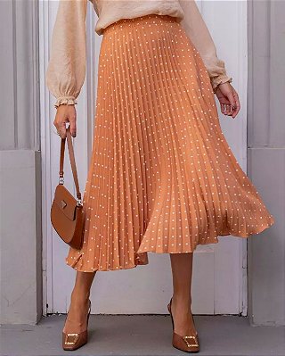 Saia Maxi Midi Plissada Poá - em Crepe