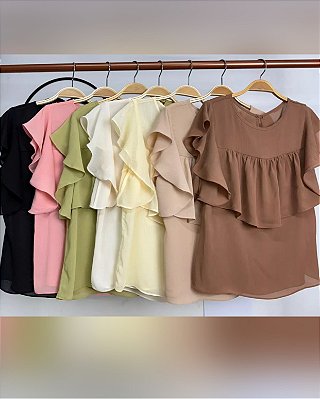 Blusa Manga Curta Babados - em Crepe Chiffon