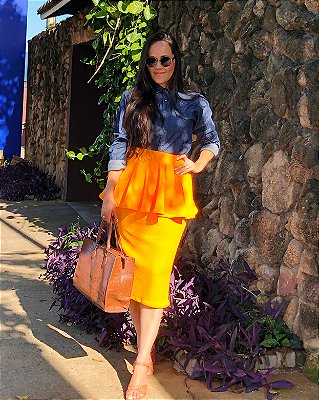 Saia Lápis Peplum - em Malha Crepe