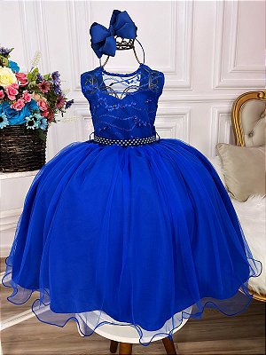 Vestido Infantil Azul C/ Renda Cinto Pérolas Strass Princesa