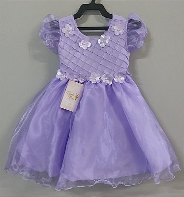 VESTIDO INFANTIL PRINCESA SOFIA LILÁS BUSTO JEANS C/ LAÇO P/ CABELO