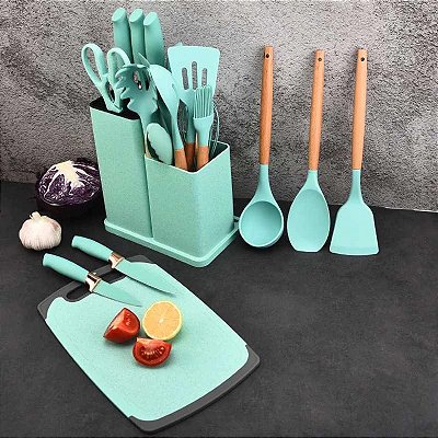 Kit 19 Peças Jogo de Utensílios Para Cozinha em Silicone Com Cabo de Madeira