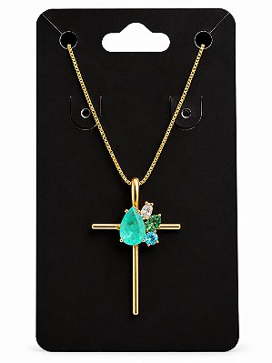 COLAR CRUZ GOTA TURMALINA CRISTAIS