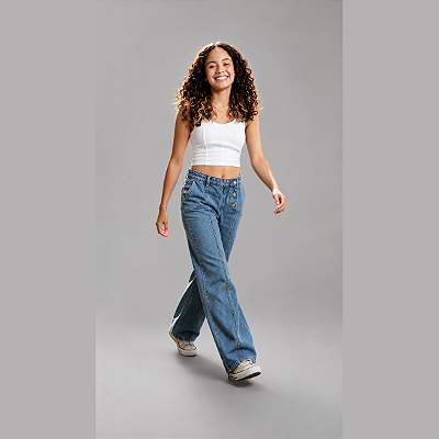 Calça Jeans Wide Leg juvenil 3 Botões