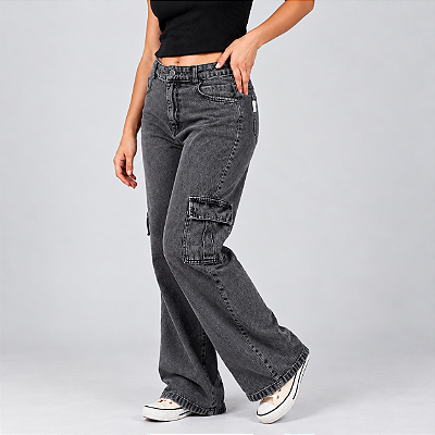 Calça Cargo Jeans Wide Leg Preto Black Pantalona Juvenil