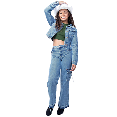 Calça Cargo Jeans Infantil Menina Juvenil Feminina Blogueira