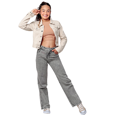 Calça Jeans Infantil Menina Juvenil Wide Leg Pantalona Preta