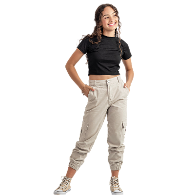 Calça Jogger Infantil Juvenil Menina Bolso Cargo sarja cor areia