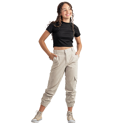 Calça Jeans Infantil Menina Jogger Cargo Juvenil Tecido Bege