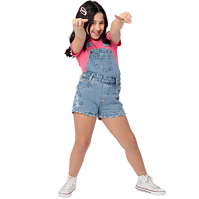 Jardineira Macaquinho Jeans Curto Meninas Infantil Crianças