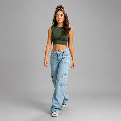 Calça Jeans Bolso Cargo Wide Leg Infantil Menina Pantalona