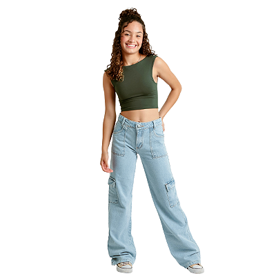 Calça Jeans Bolso Cargo Wide Leg Infantil Menina Pantalona