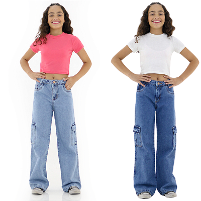 KIT2 Calça Jeans Bolso Cargo Wide Leg Infantil Menina 8 a 16