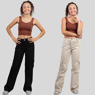 KIT2 Calça Jeans Bolso Cargo Wide Leg Infantil Menina Tecido