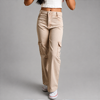Calça Cargo Jeans Juvenil Bege